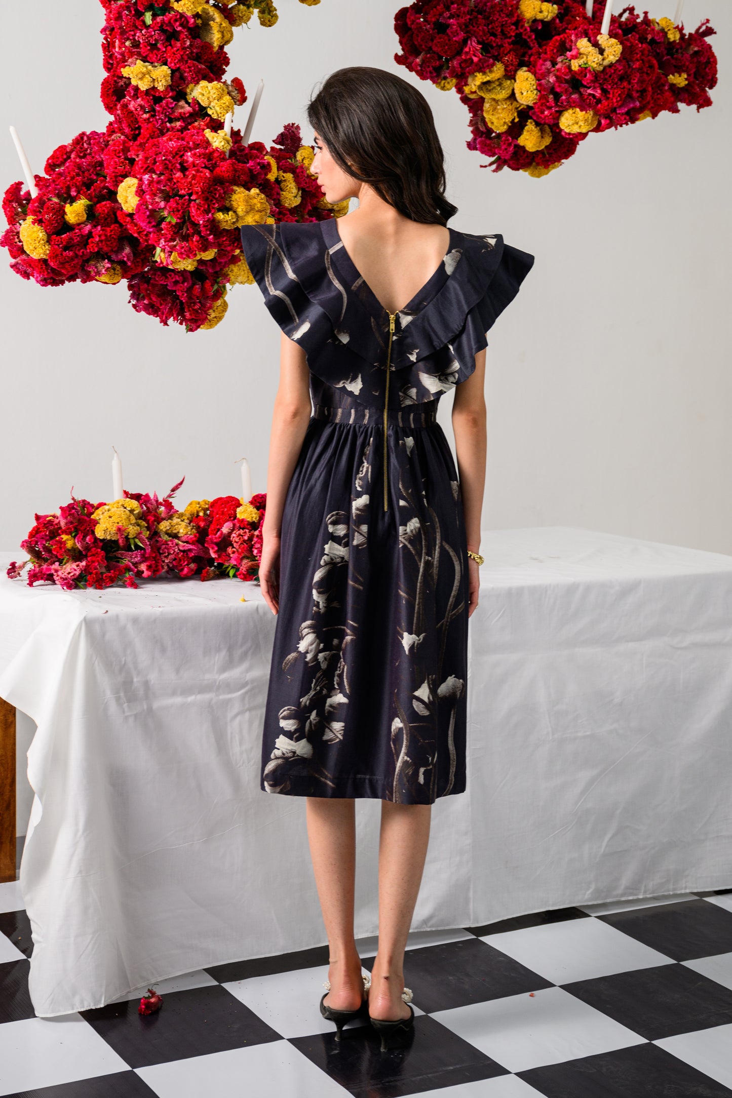 Women's luxury floral midi dress with statement waist belt