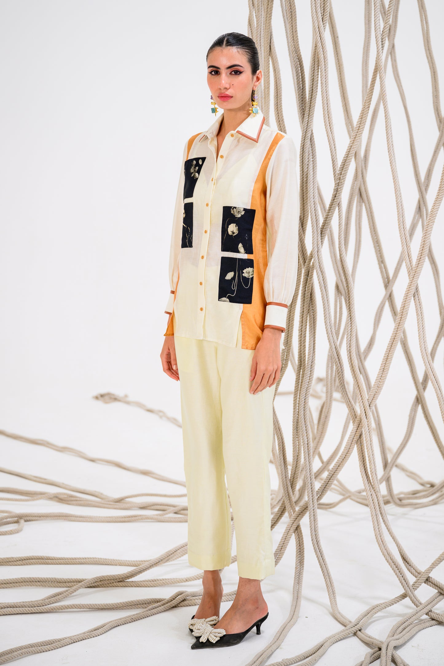 Off-white designer shirt with contrast patchwork and structured collar neckline