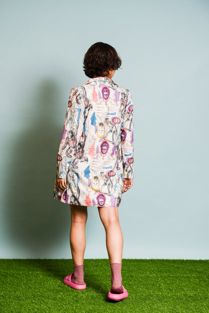 Ivory Japanes Macaques Print Dress With Tailour Cut Finish.